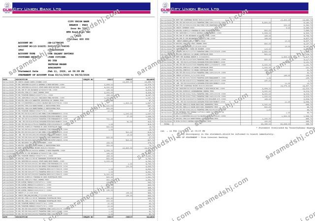India City Union Bank statement of account Word and PDF template, 2 pages